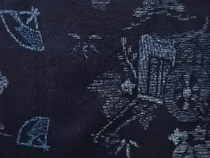 アンティーク　御所車に松竹梅扇模様織出本場正藍泥染大島紬着物(割り込み絣)